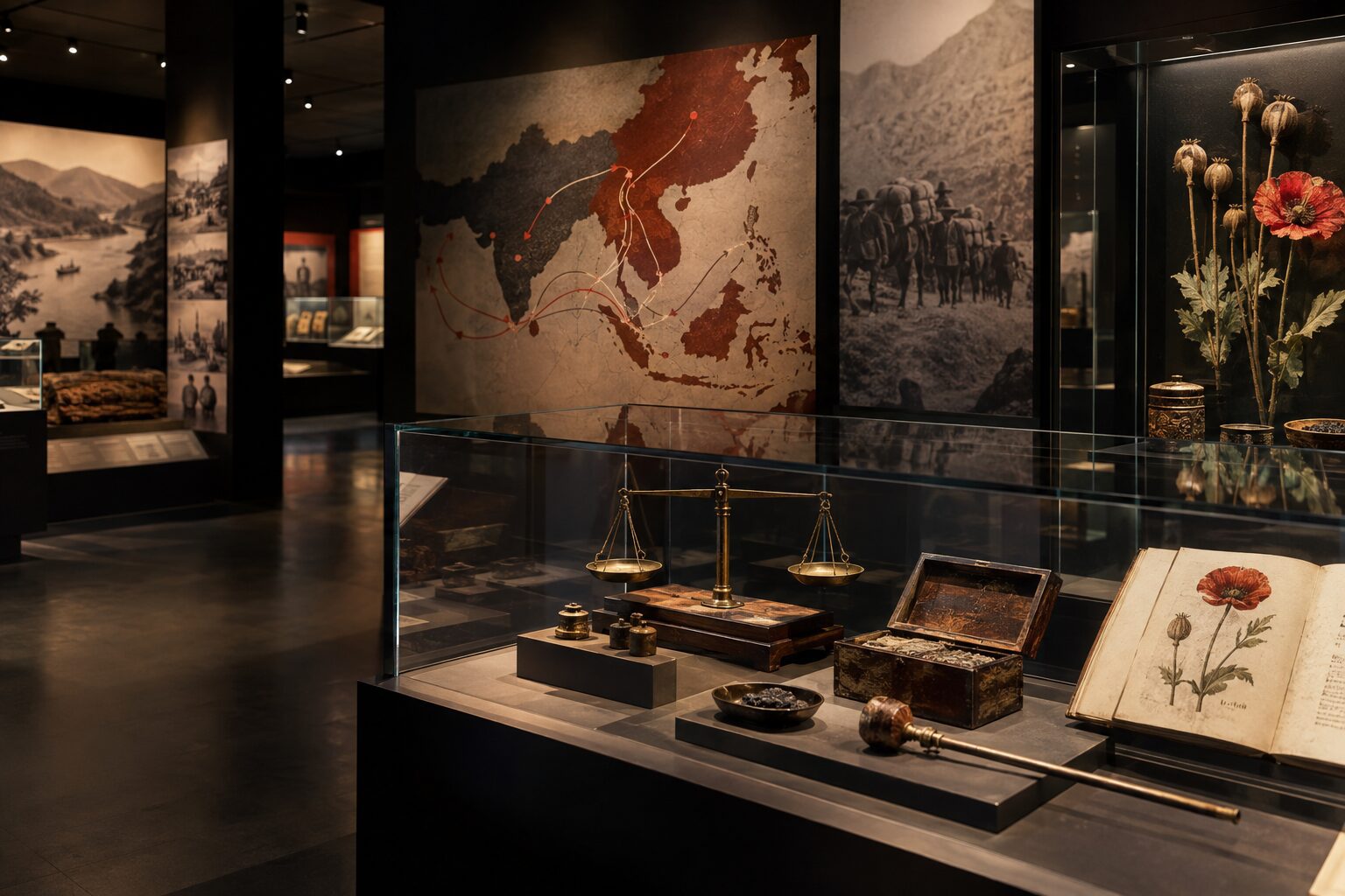 以歷史路線、罌粟植物與秤具說明鴉片史的博物館展覽情境示意