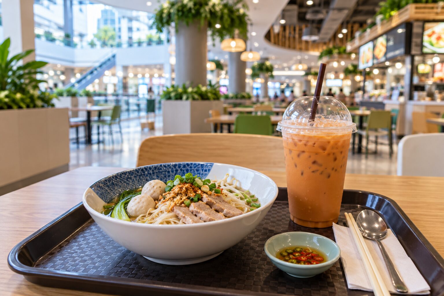 商場美食街餐盤與泰式麵食的用餐情境示意