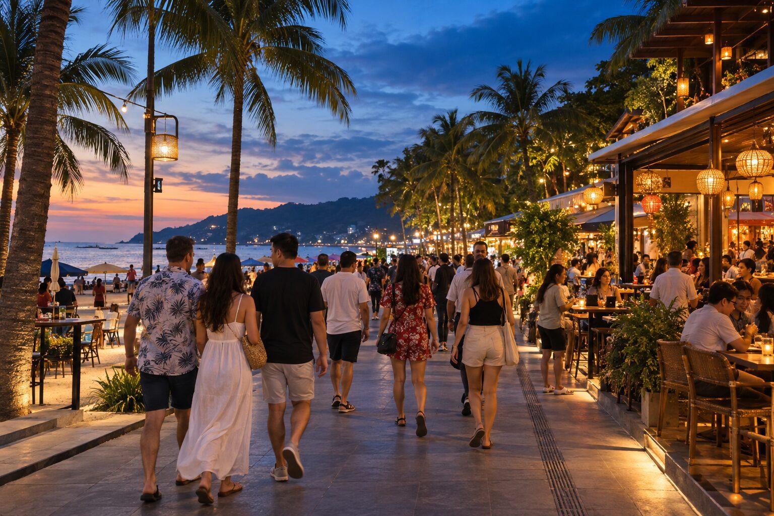 旅客在普吉島熱帶海濱街區傍晚散步的情境示意
