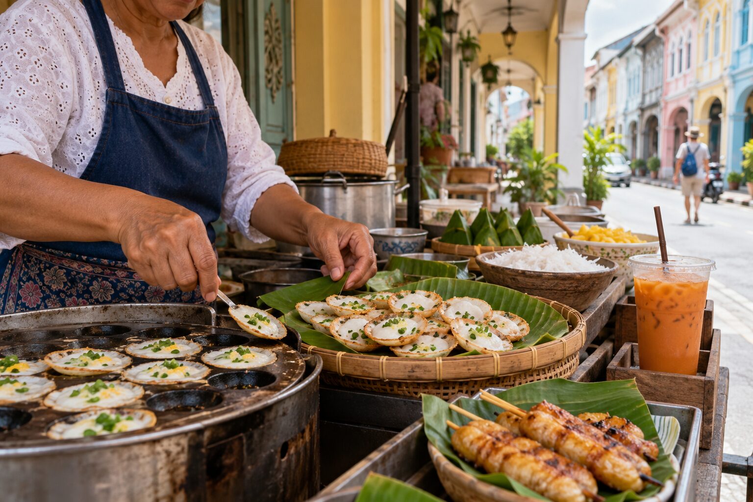 普吉老城風格街屋旁的小吃攤情境示意，非特定店家實拍