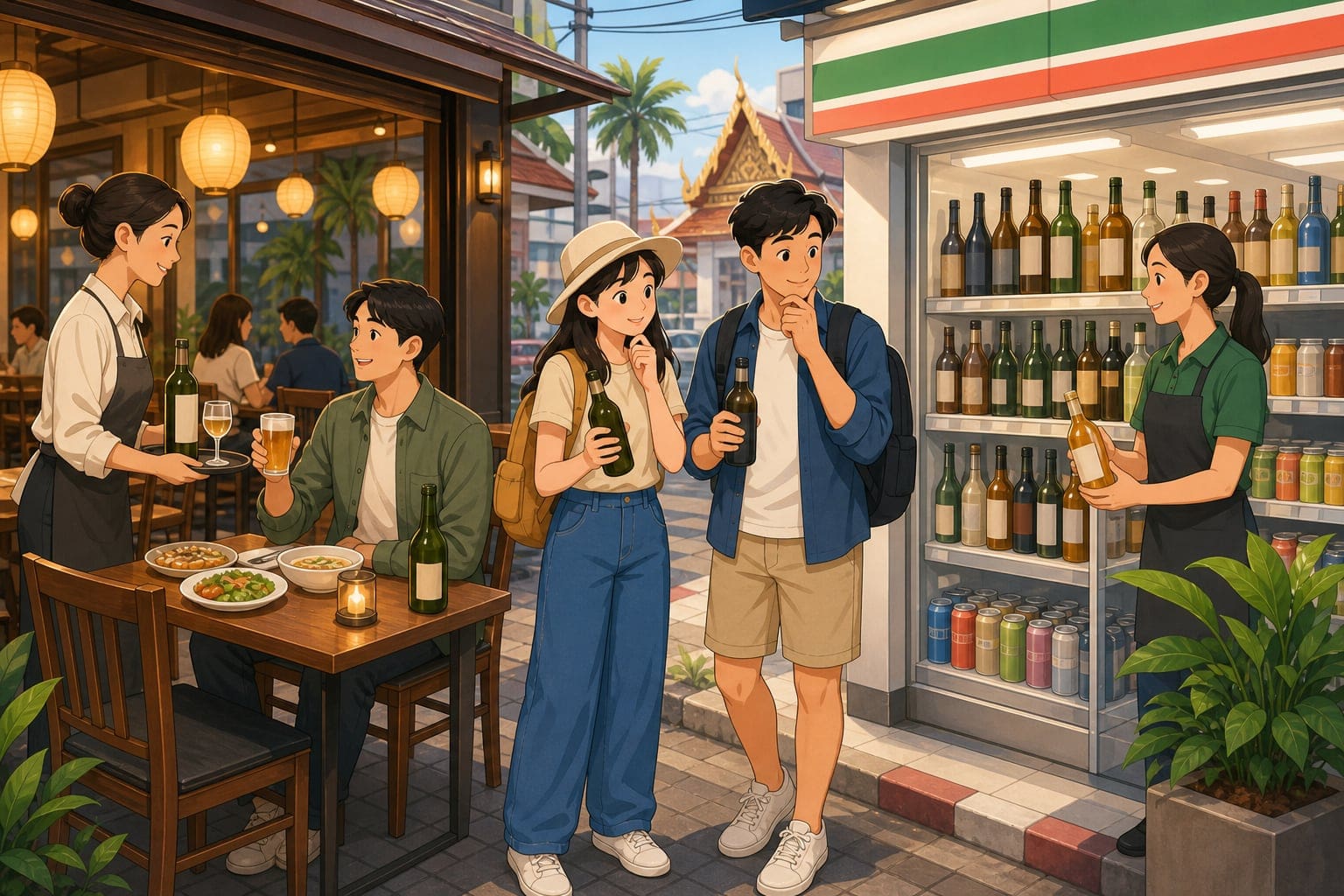 泰國酒類販售時段餐廳與便利店購買規定示意圖