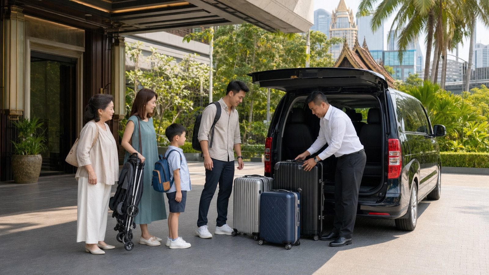 親子與長輩同行泰國包車，出發前確認行李與車型的 AI 情境示意圖