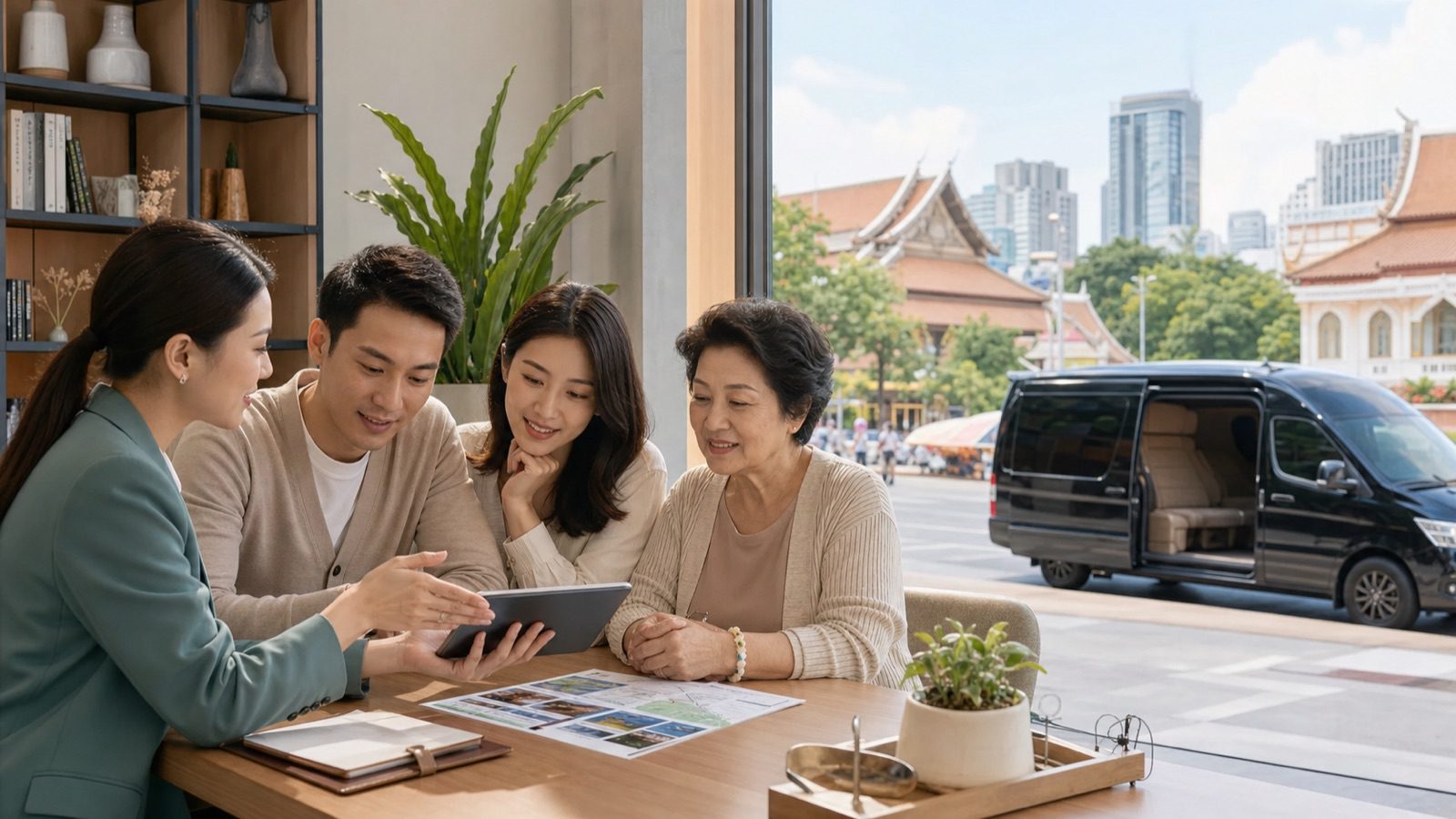 台灣旅客與旅行顧問確認泰國包車行程與車型的 AI 情境示意圖
