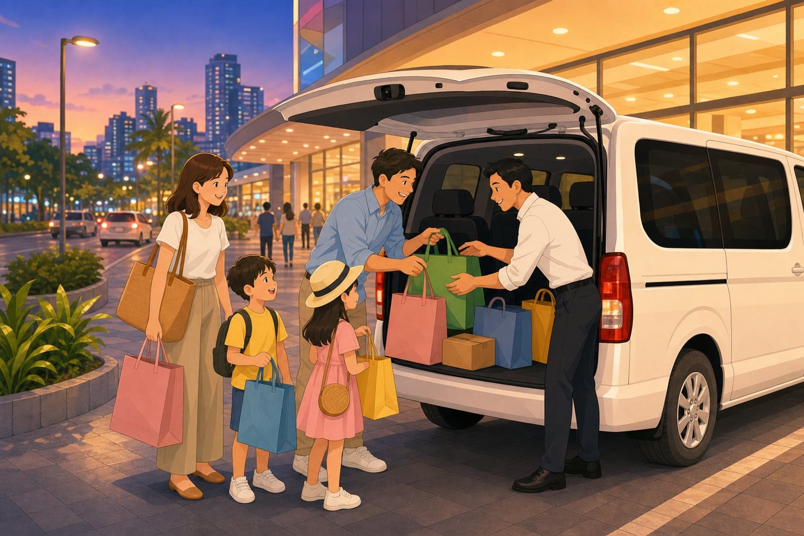 曼谷包車採買後司機協助旅客裝載超市購物袋示意圖
