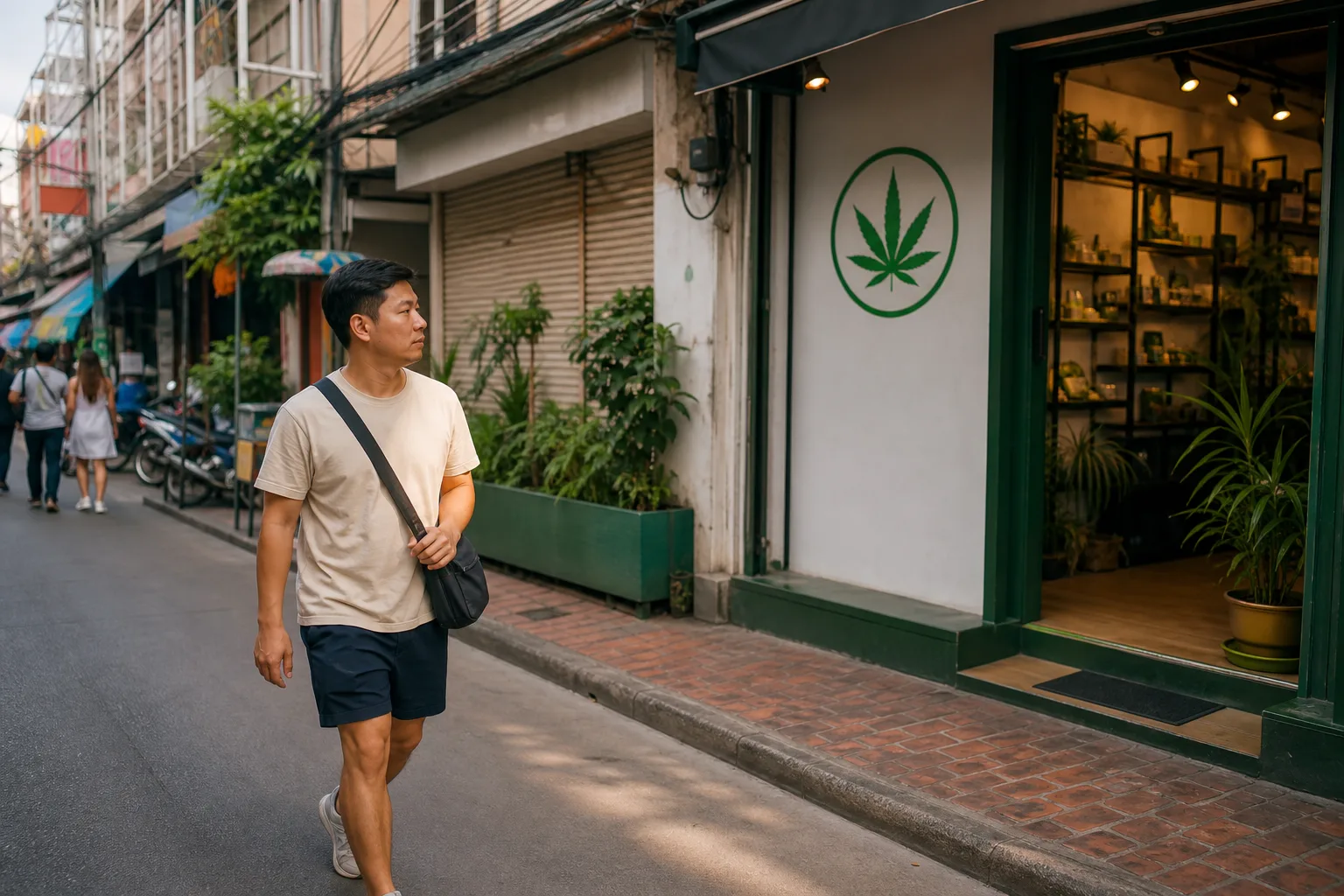 旅客經過泰國街頭大麻店但未進入消費的情境示意