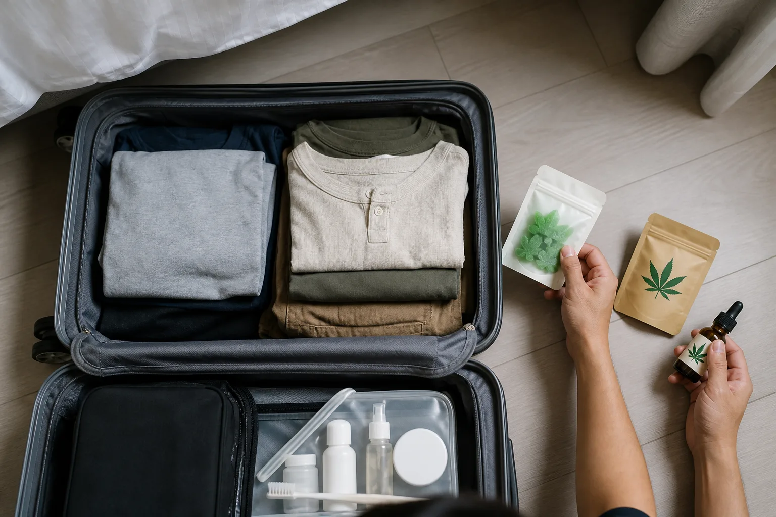 旅客整理行李時將大麻糖果與精油留在行李箱外的情境示意
