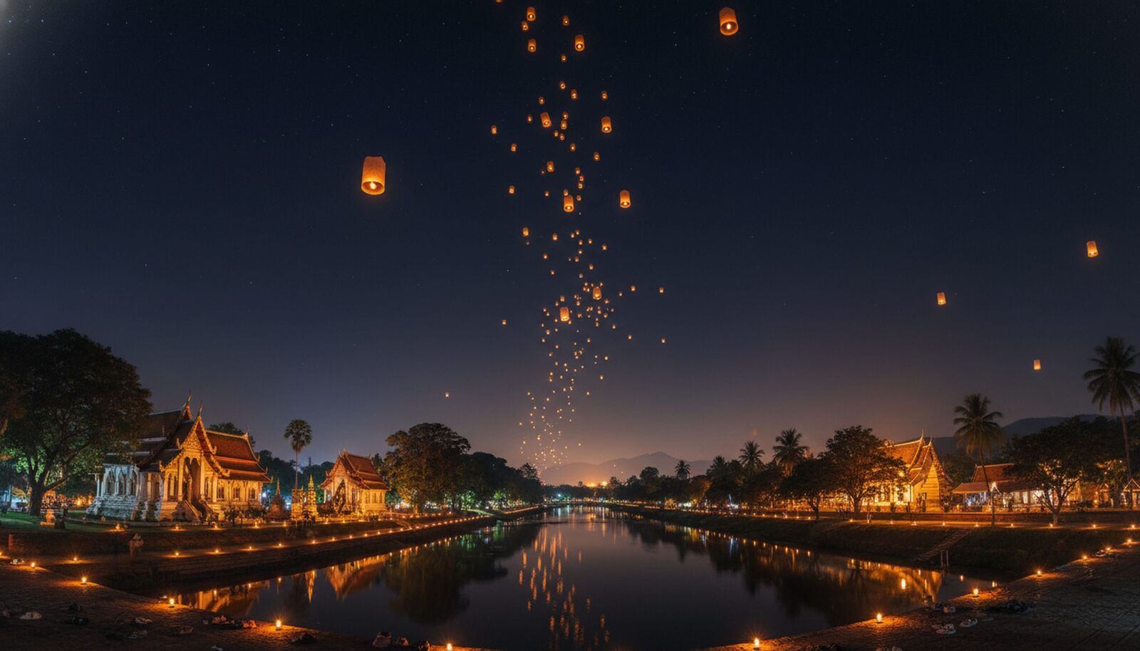 夜空天燈與水面燈光構成的泰北節慶夜景