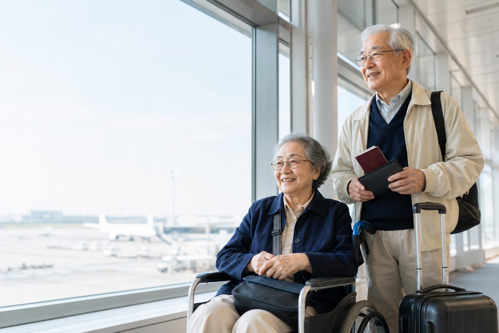 年長旅客在機場使用輪椅準備搭機