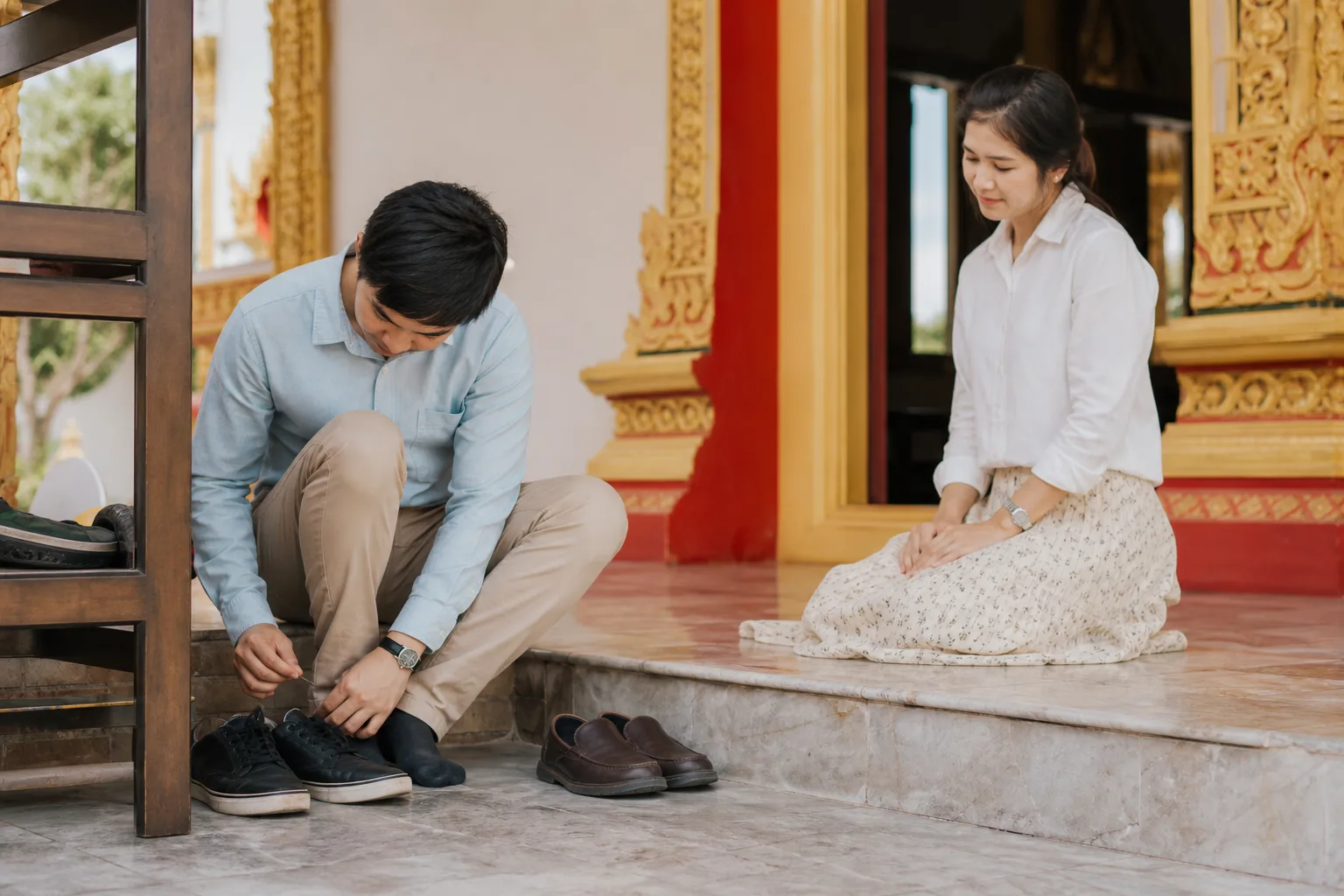 情境示意:旅客穿著遮肩過膝服裝並在泰國佛寺入口脫鞋