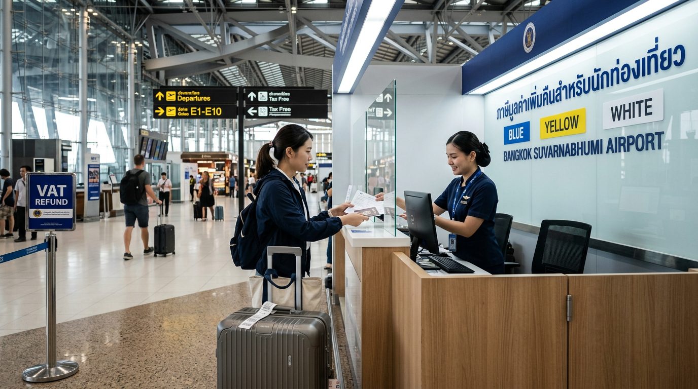 旅客在曼谷素萬那普機場國際出境大廳退稅辦公室出示單據辦理退稅