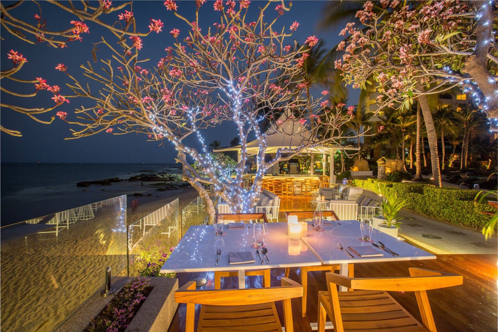 夜晚海邊的戶外餐桌，大樹上掛滿燈，桌上擺好餐具