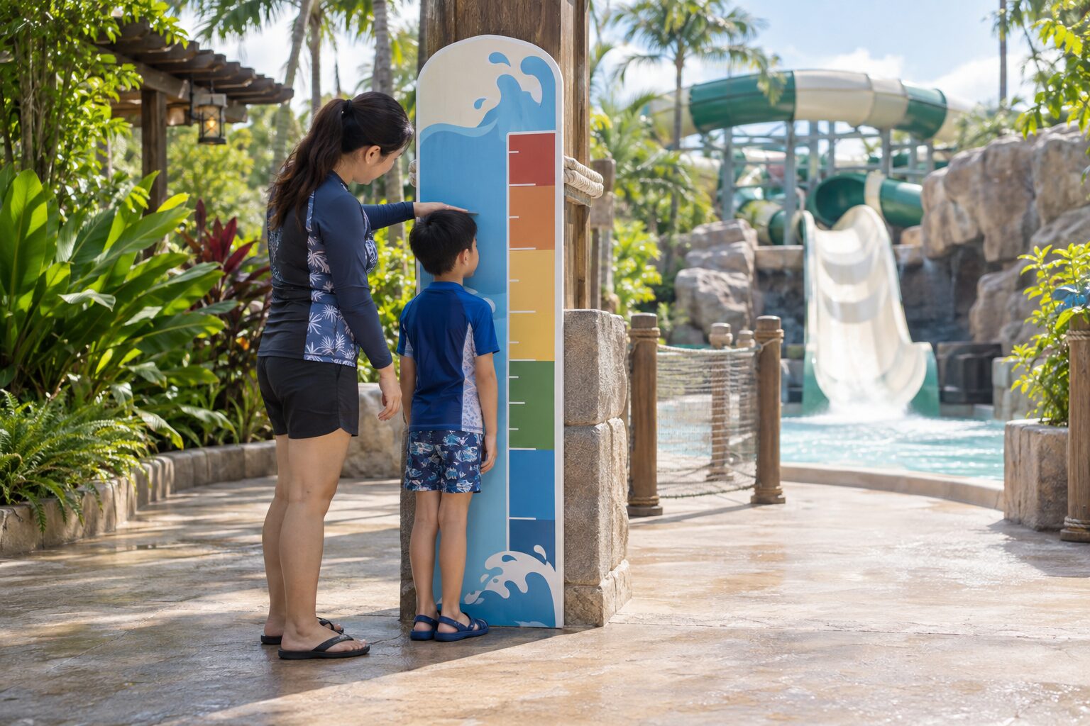家長陪孩子在水上樂園確認身高限制情境示意