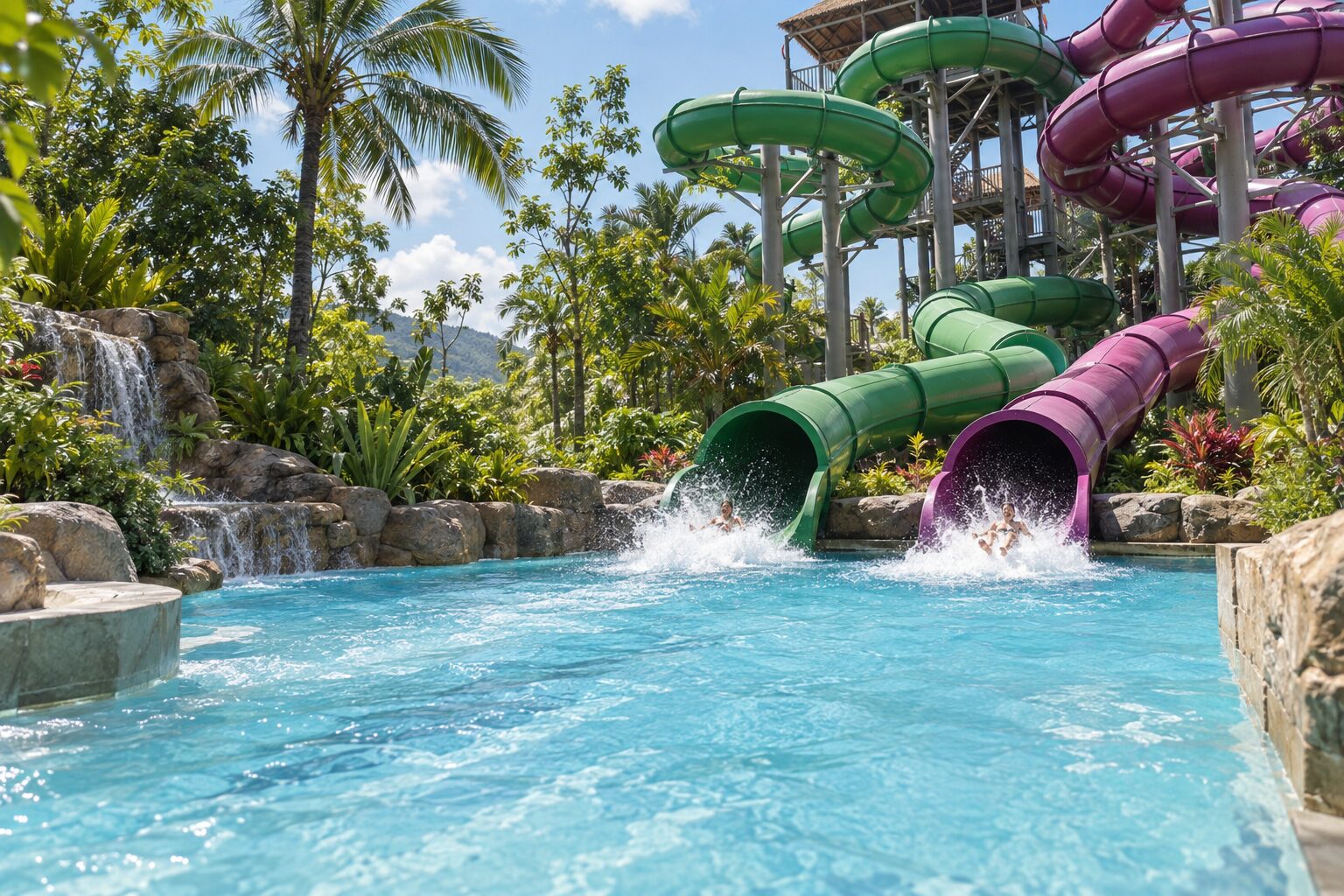 熱帶水上樂園高空滑水道與水花情境示意
