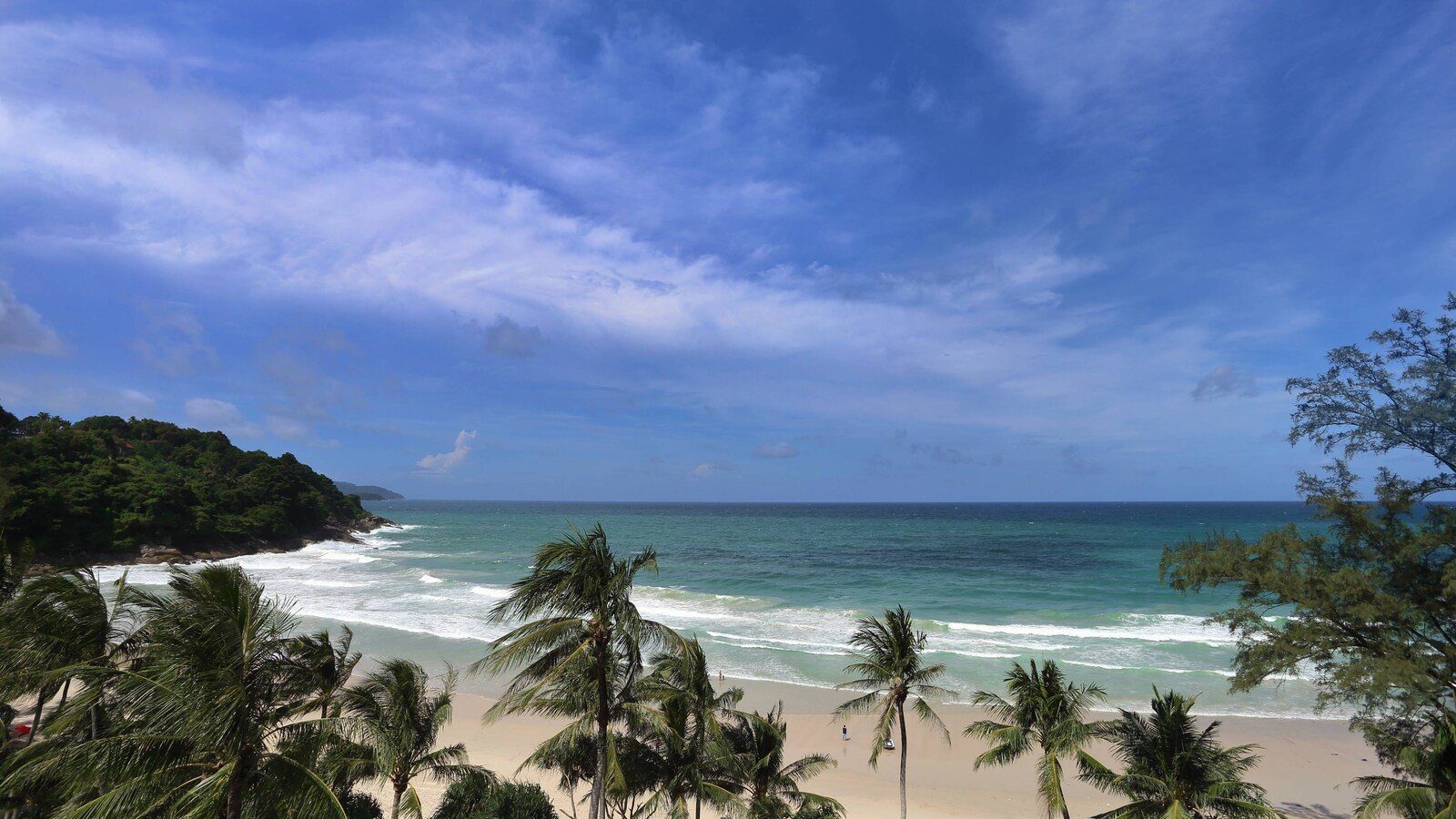 Relax Beach 的沙灘與海浪，岸邊是一排椰子樹與後方的綠色山丘