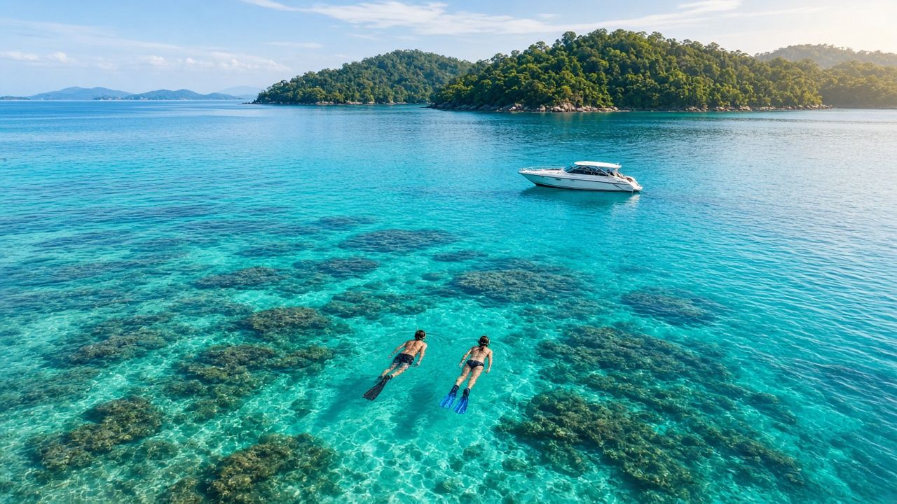 安達曼海空拍浮潛與快艇的情境示意