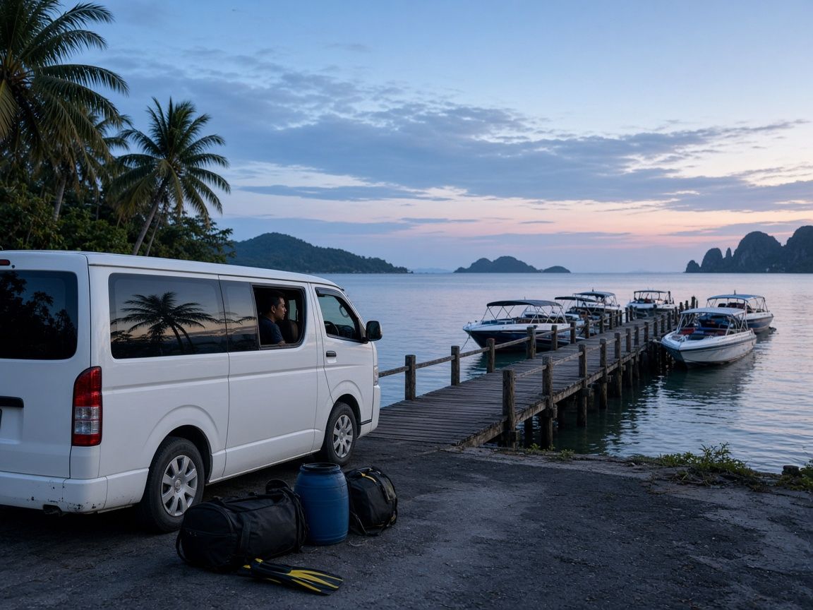 清晨私人廂型車在熱帶碼頭等候出海的情境示意
