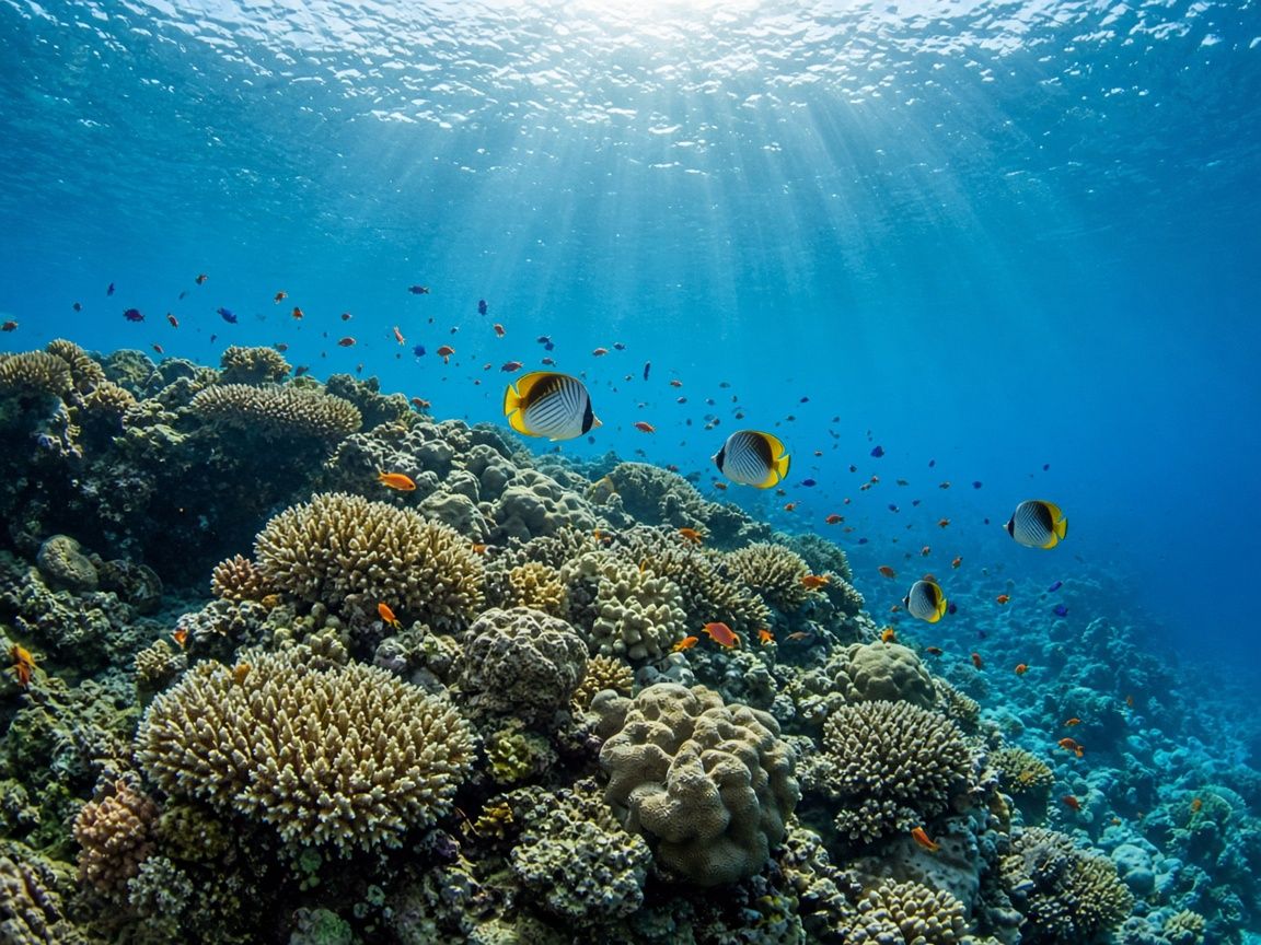 安達曼海珊瑚礁與蝴蝶魚群的情境示意