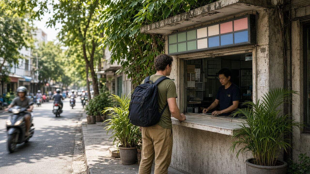 曼谷市區換匯店櫃檯與旅客背包的情境示意，匯率板文字無法辨識