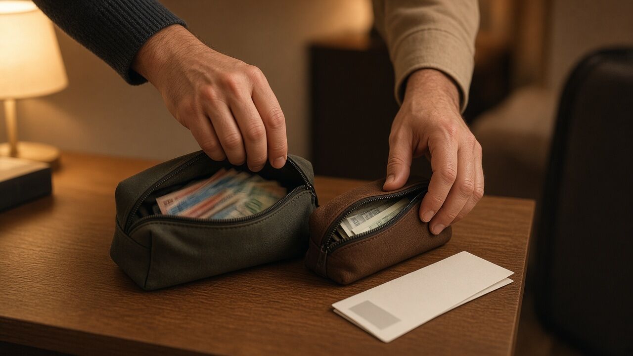 旅客把現金分裝在兩個小包、護照放在一旁的情境示意