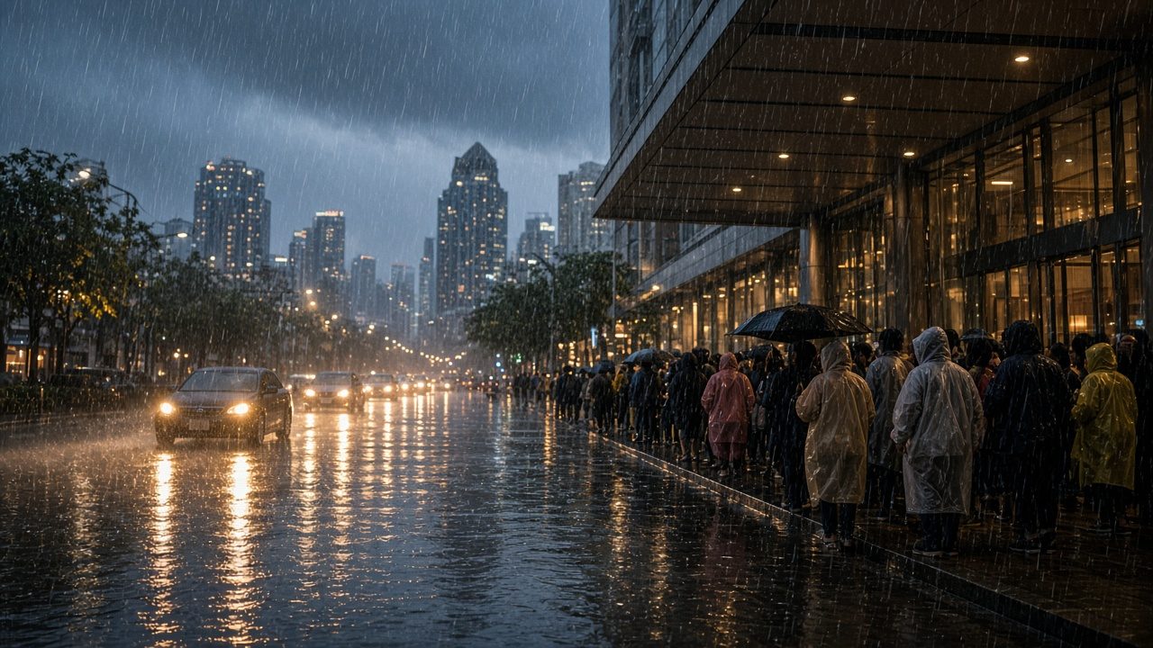 曼谷暴雨中積水的街道與在騎樓下躲雨的旅客
