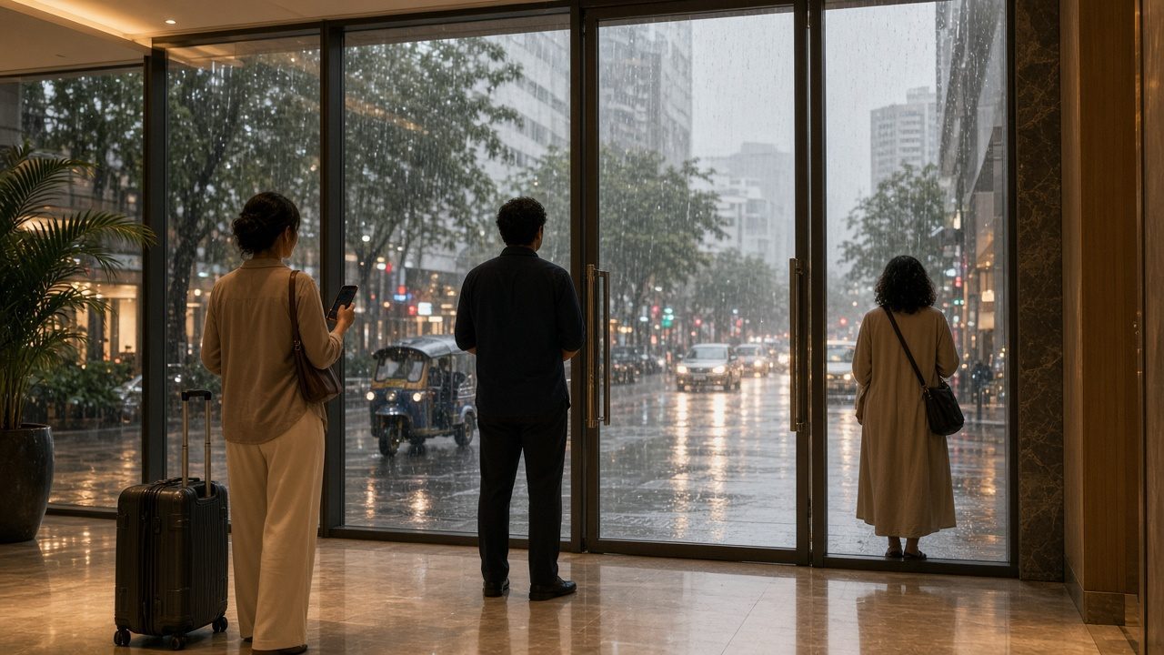 旅客帶著行李在商場玻璃門內等待外面的大雨停歇