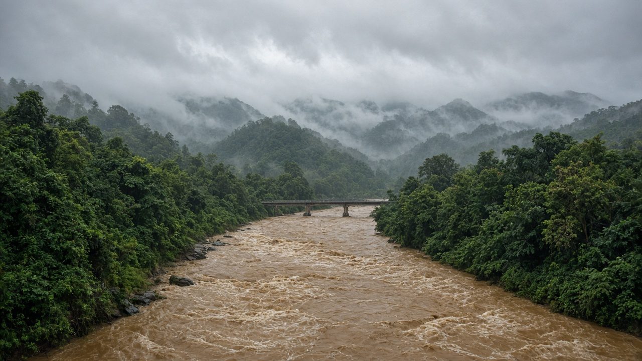 暴雨後水色混濁、水位暴漲的山區溪流