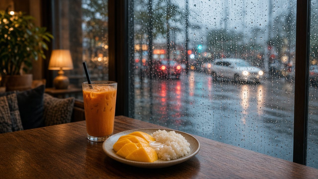 雨天咖啡廳窗邊的泰式奶茶與芒果糯米飯