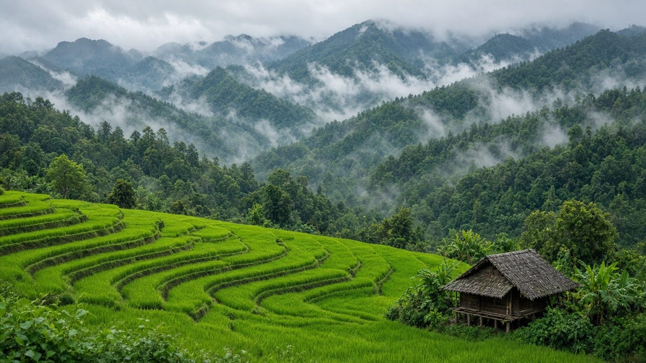 雨季雲霧繚繞的泰北山區翠綠梯田