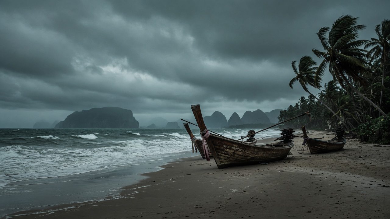 季風期間烏雲密布的安達曼海海灘與拉上岸的長尾船
