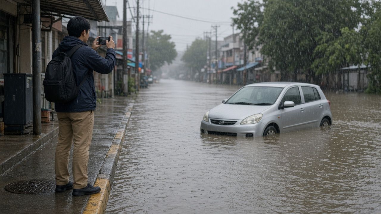 旅客站在人行道上用手機拍攝停在淹水道路中的小型租賃車