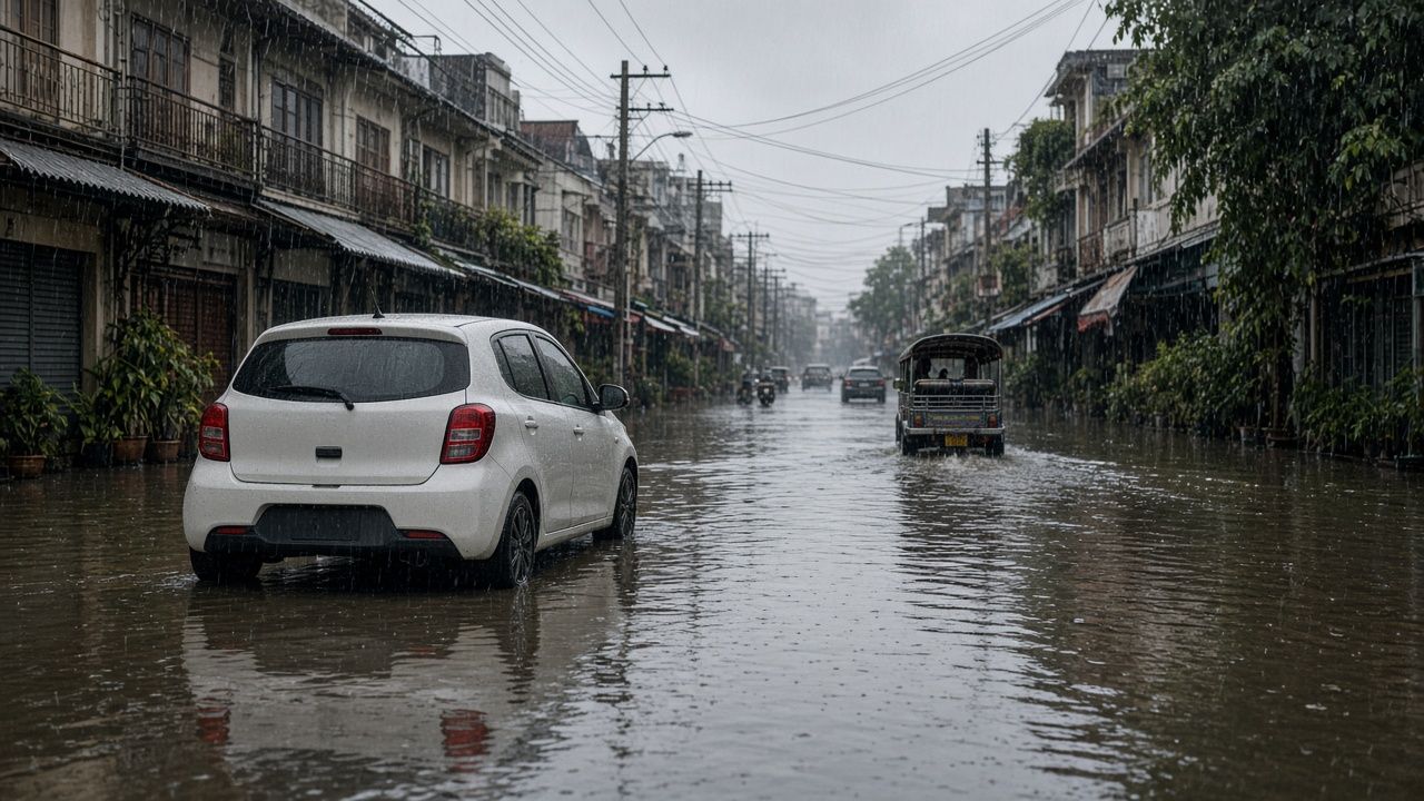 白色租賃小車停在曼谷積水街道前，前方道路已經淹水