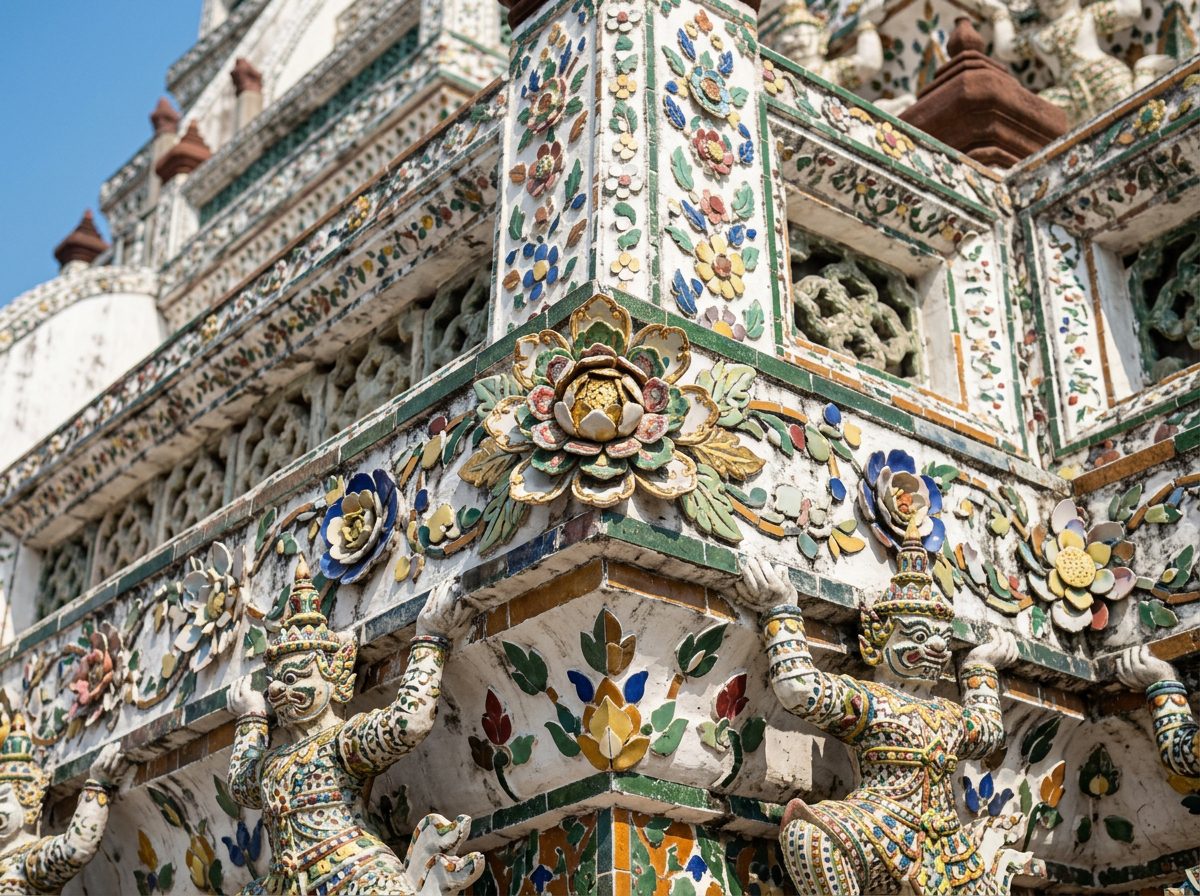 鄭王廟舍利塔外牆以中國彩瓷碎片拼貼的花卉圖騰與夜叉守護神雕像