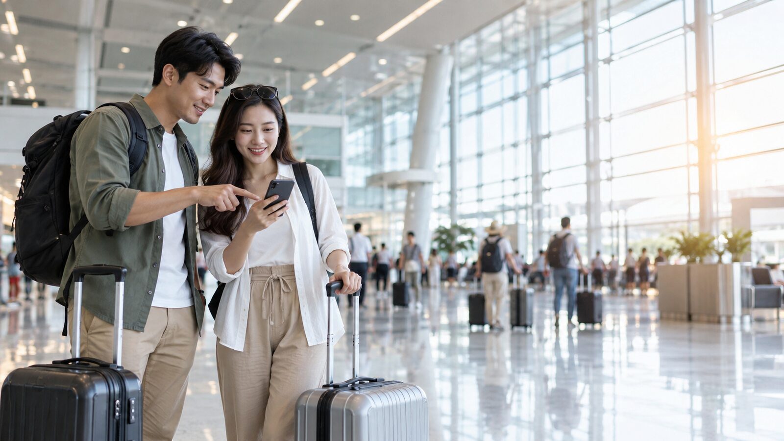 旅客在機場查看手機行程與行李,曼谷跨機場轉機情境示意