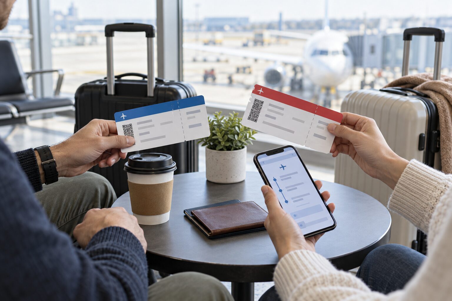 旅客核對兩段機票與機場代碼的情境示意