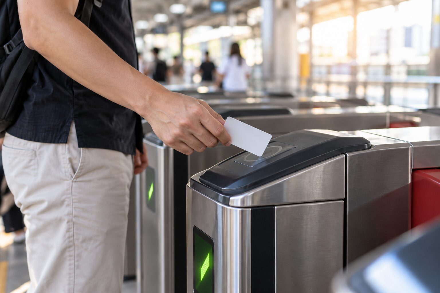 旅客在通用捷運閘門前持票卡感應的情境示意
