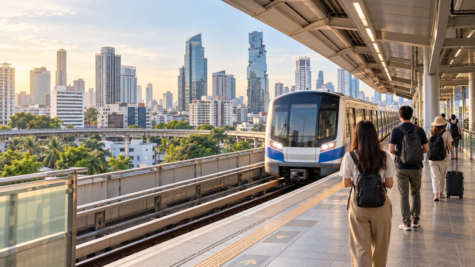 旅客在通用高架捷運月台候車的曼谷交通情境示意