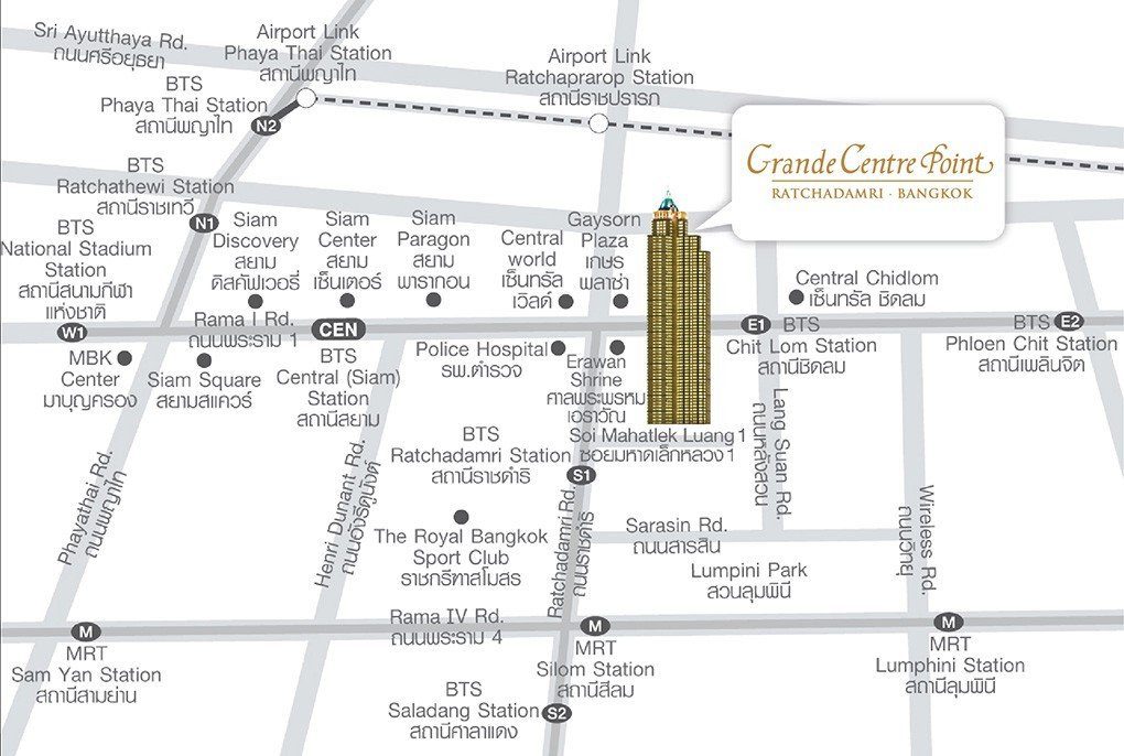 標示飯店與周邊 BTS、MRT 站及商場位置的地圖（圖：Grande Centre Point Ratchadamri／官網）