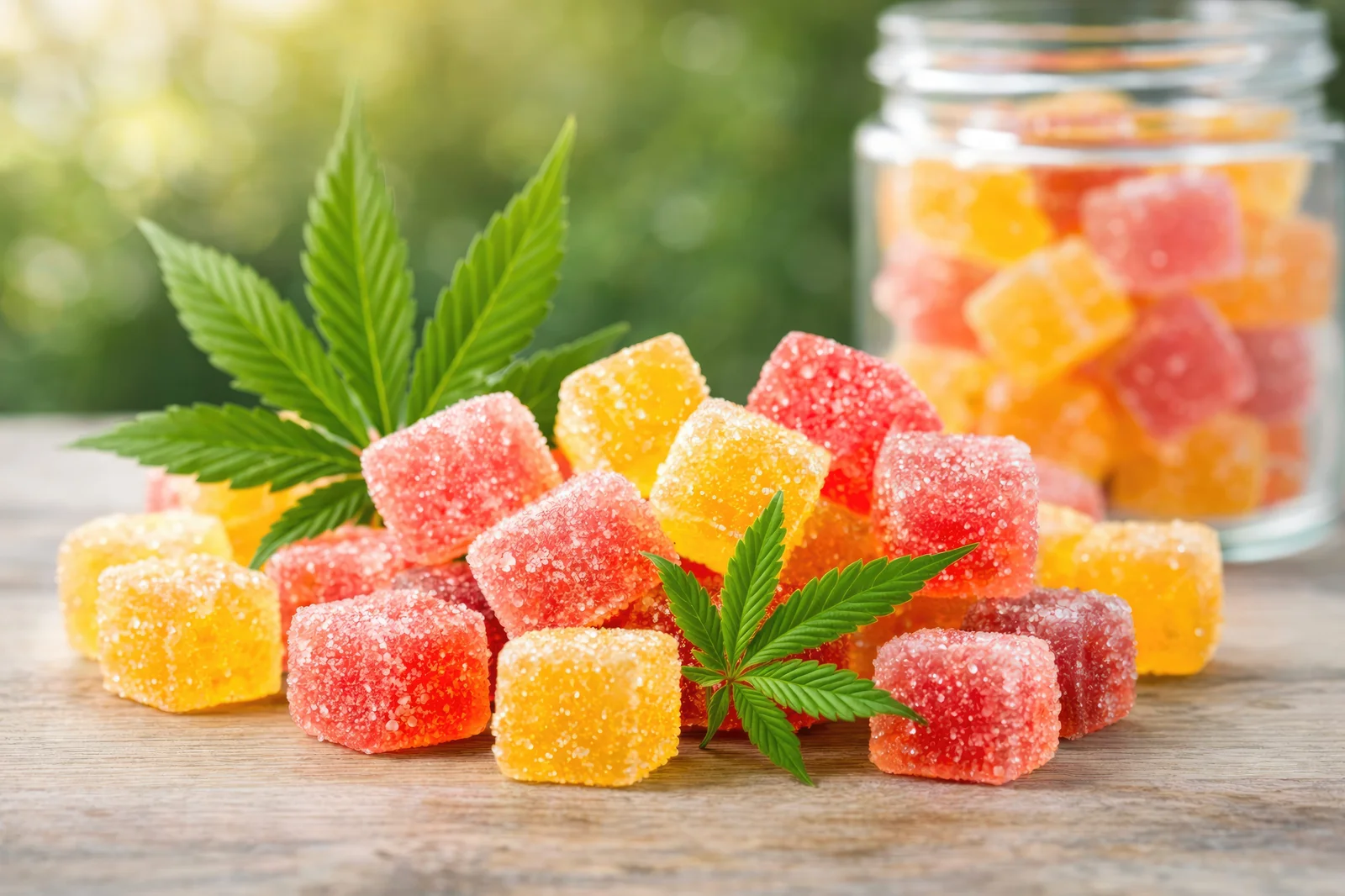 泰國市面常見彩色方形大麻軟糖與大麻葉圖樣，提醒國人嚴禁攜帶回台