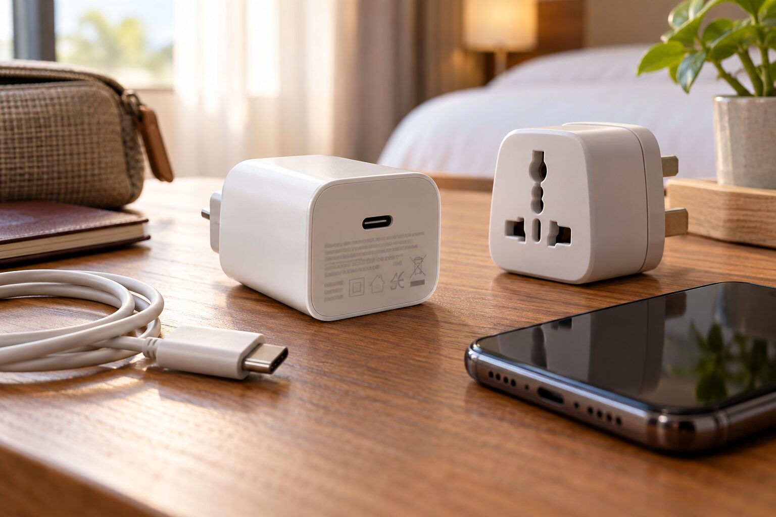 手機充電器與旅行轉接頭分開擺放，提醒查看輸入規格的情境示意