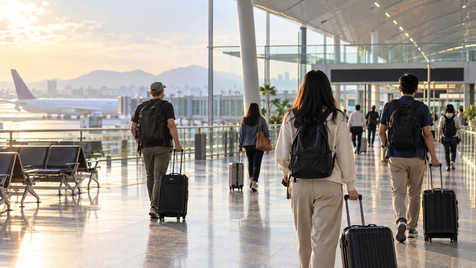 旅客推行李走向國際機場登機區，情境示意