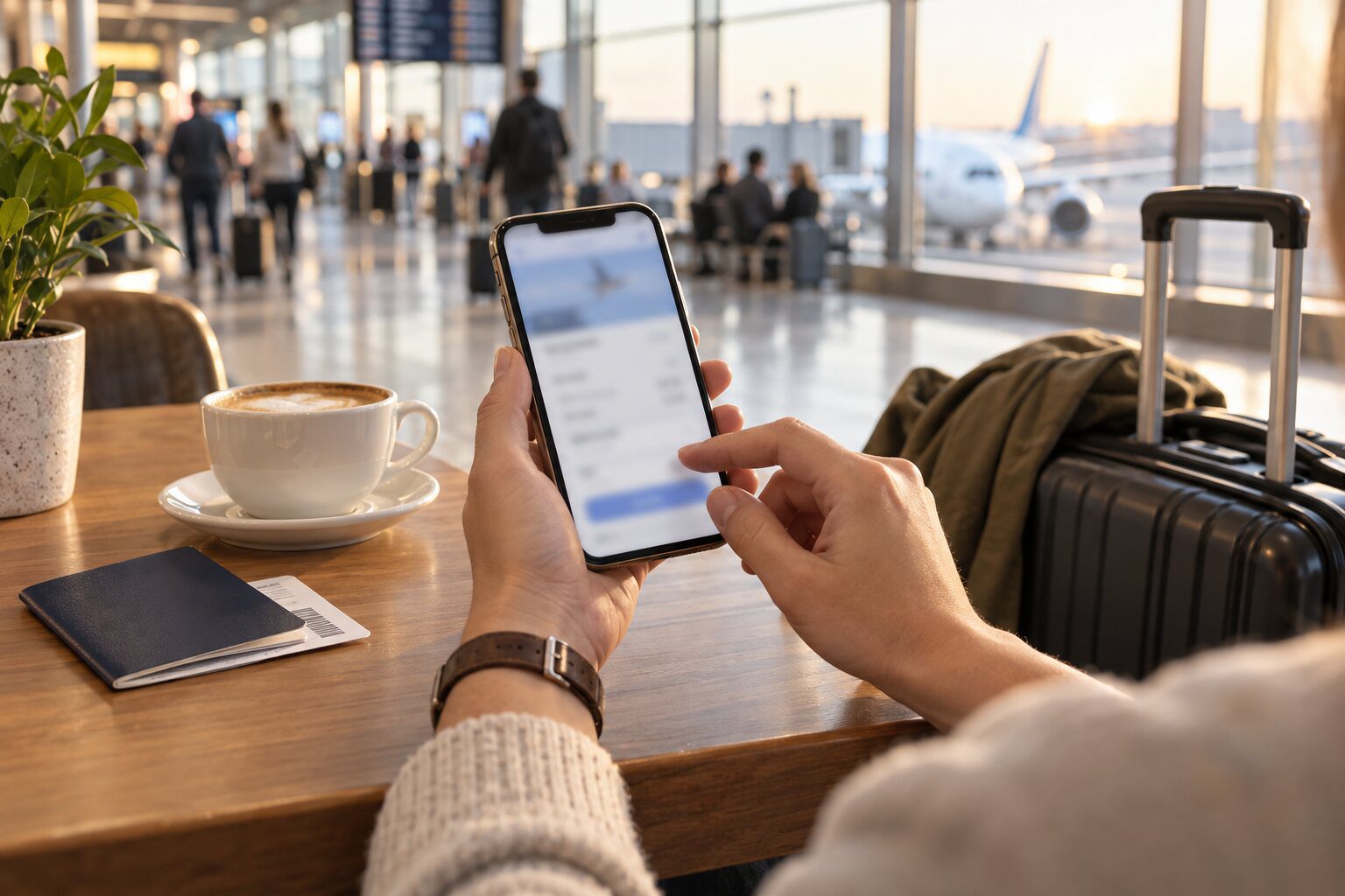 旅客在機場查看手機上的機票費用，情境示意