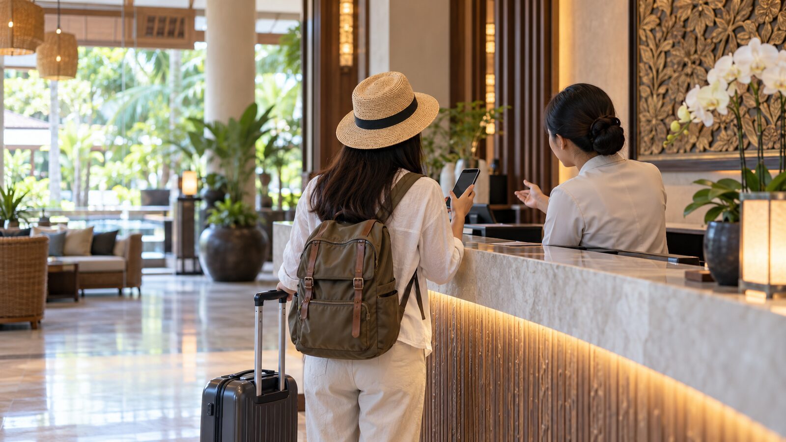 泰國旅客在飯店櫃檯尋求協助的情境示意