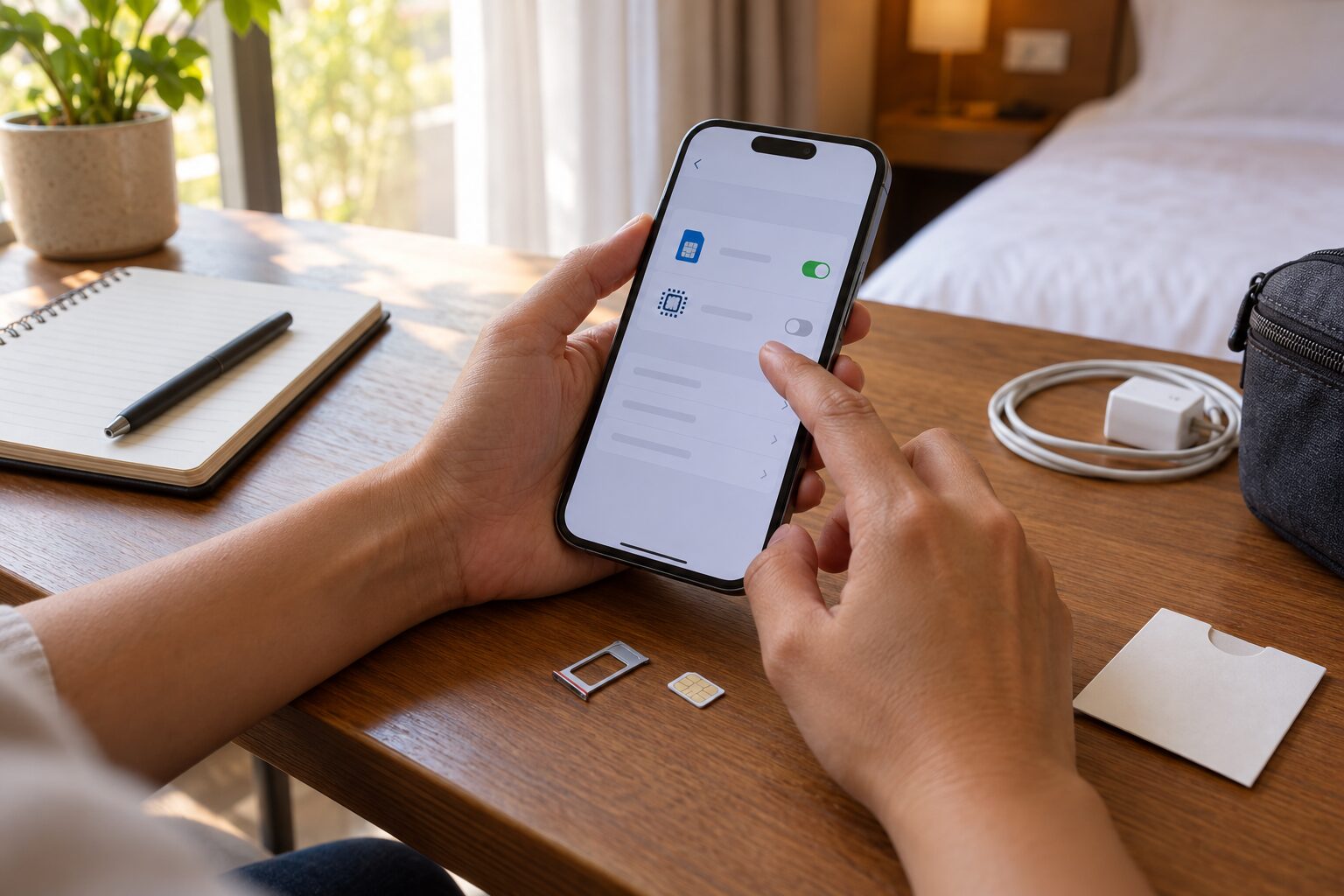 旅客在手機上檢查 SIM 線路並準備實體卡的情境示意