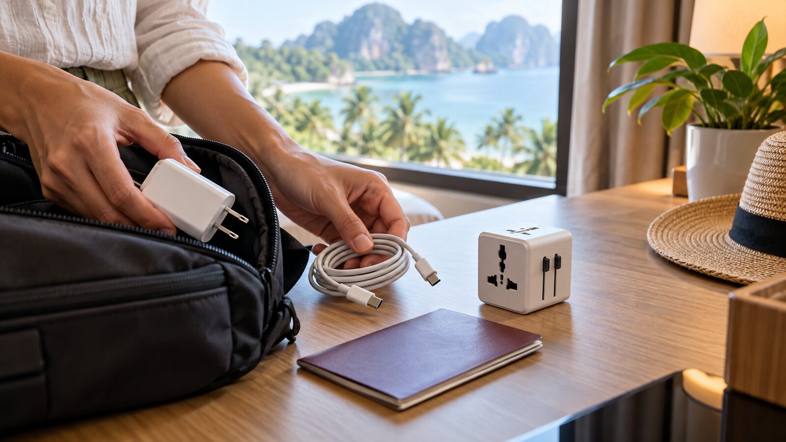 旅客在行李旁整理手機充電器與旅行轉接頭的情境示意
