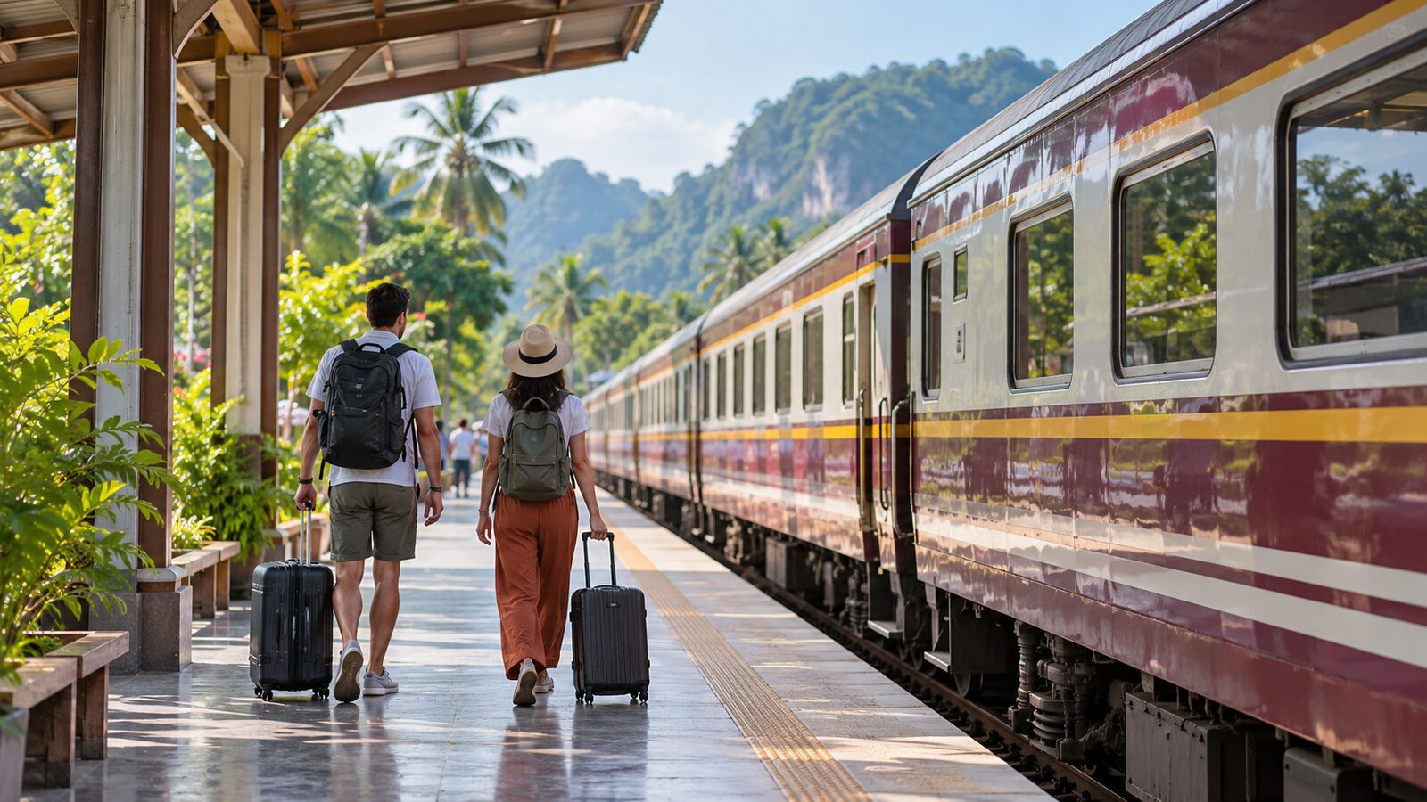 旅客在火車月台準備上車的旅行情境示意