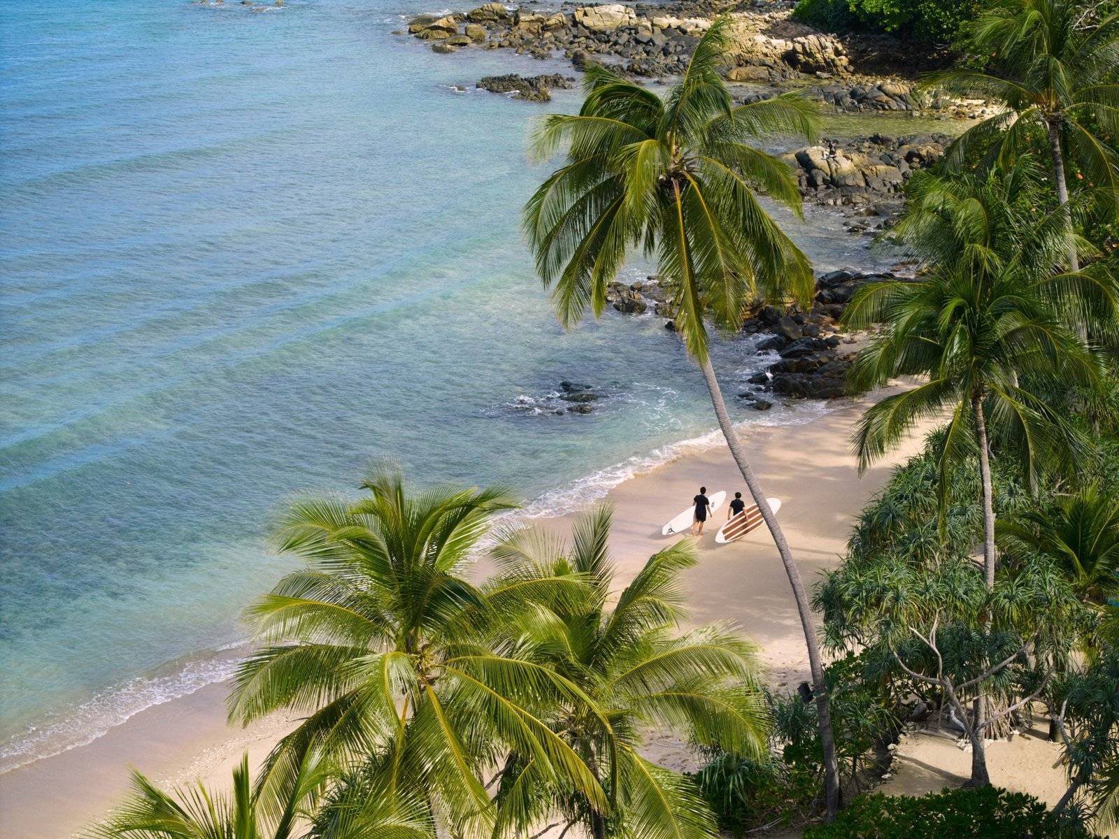 俯瞰椰樹與岩岸之間的一段沙灘，海水清澈見底